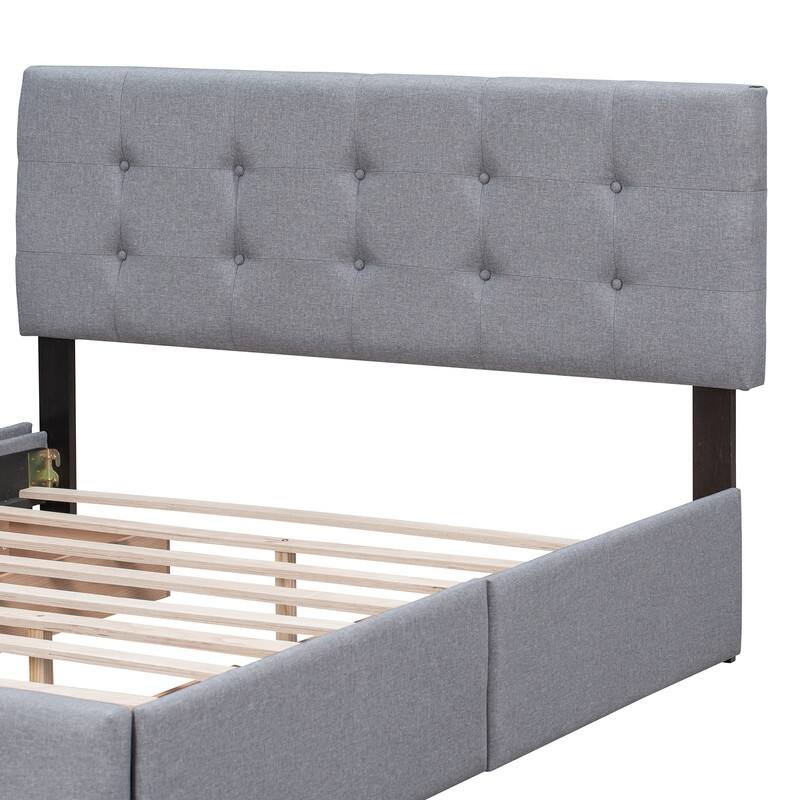 Queen Upholstered Bed Frame with 4 Drawers, Linen Fabric Platform Storage Bed with Classic Headboard and Wooden Slats Support