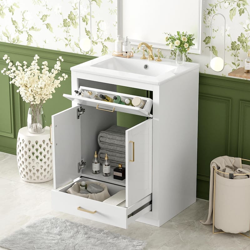 24" Bathroom Vanity with Integrated Ceramic Sink, Cabinet with 2 Doors, 1 Tip-out Drawer