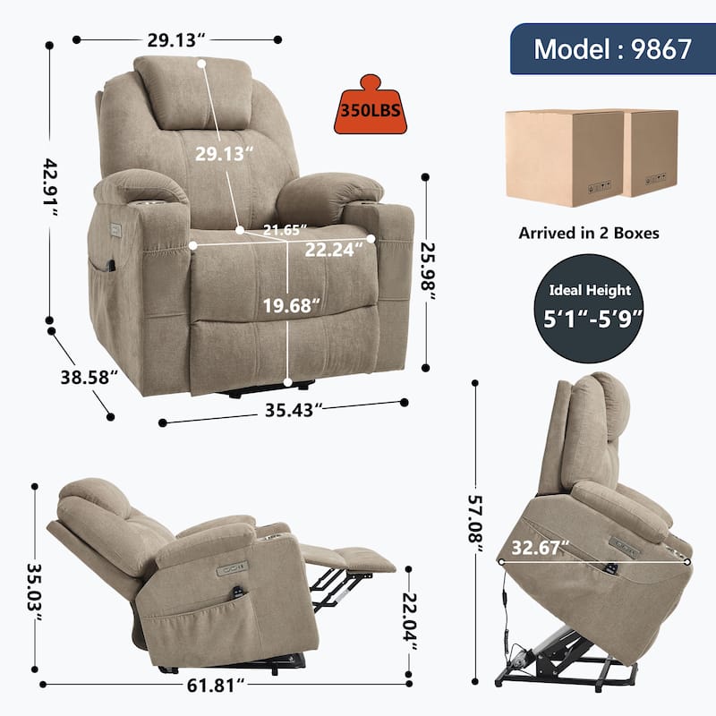 Roomfitters Power Lift Recliner Chair with Heat Massage 350lbs Heavy Duty Electric Sofa USB C Ports Cup Holders