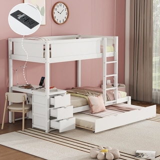 Twin-Over-Twin Bunk Bed with Twin size Trundle, Storage and Desk,