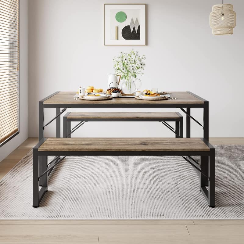 55"Dinning Room Table Set for 4-6，3 Piece Industrial Dining Table Set with 2 Bench for Kitchen