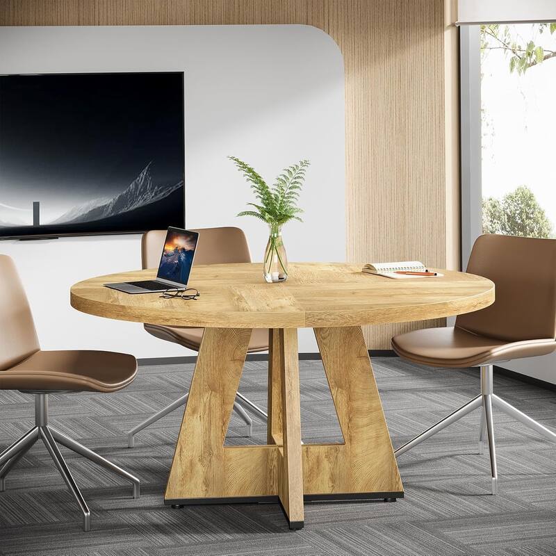 47" Round Conference Table Meeting Room Table with Thickened Top Wood Base Modern Training Desk for Conference/Seminar Room