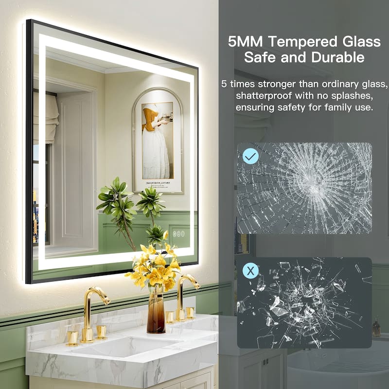 Framed Front & Back LED Lighted Anti-Fog Tempered Glass Wall Bathroom Vanity Mirror