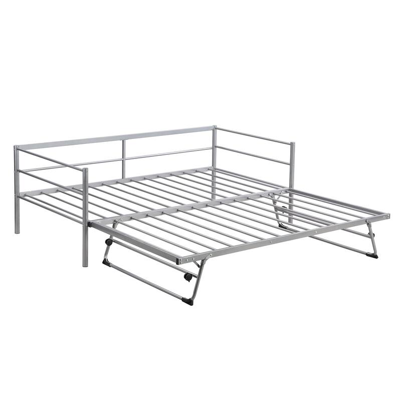 Twin Size Metal Daybed with Adjustable Pop-Up Trundle, Industrial Style, No Box Spring Required, Multi-functional Design