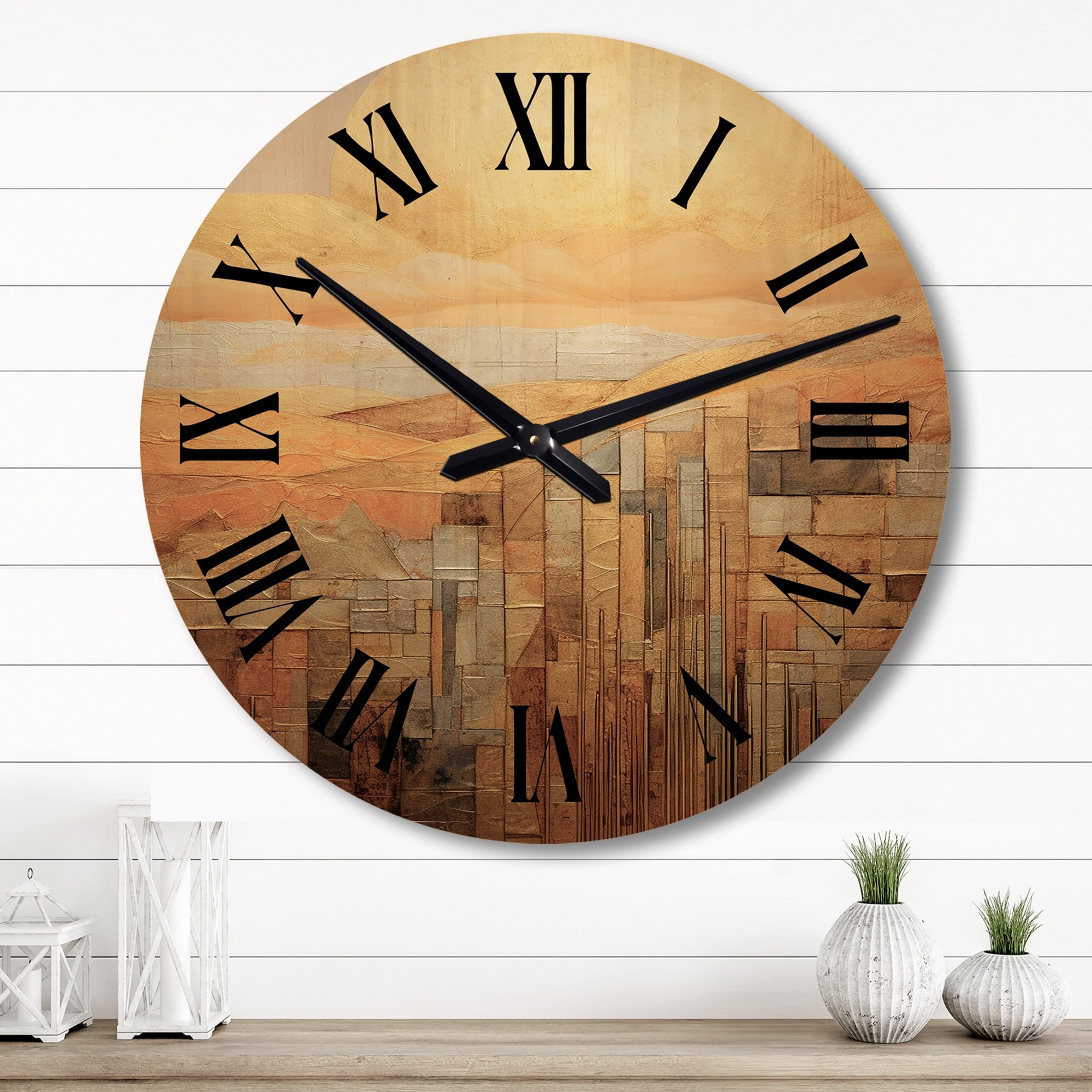 Designart "Golden Hour Rustic Landscape Illustration" Abstract Geometric Oversized Wood Wall Clock