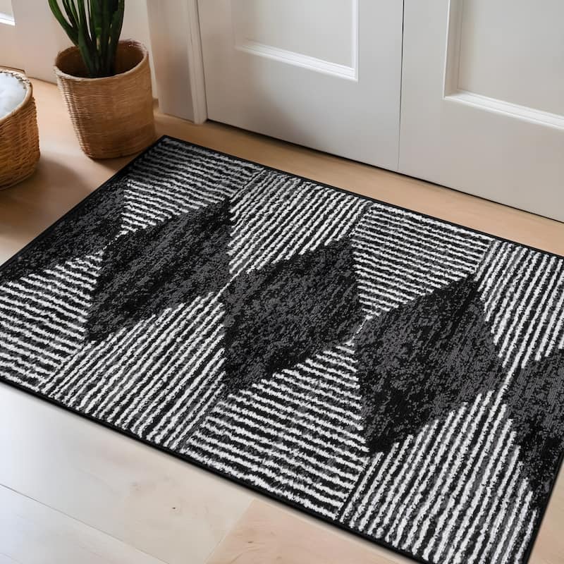 Beige Brown Geometric Stripe Stylish and Durable Area Rug - Black - 2' x 3'
