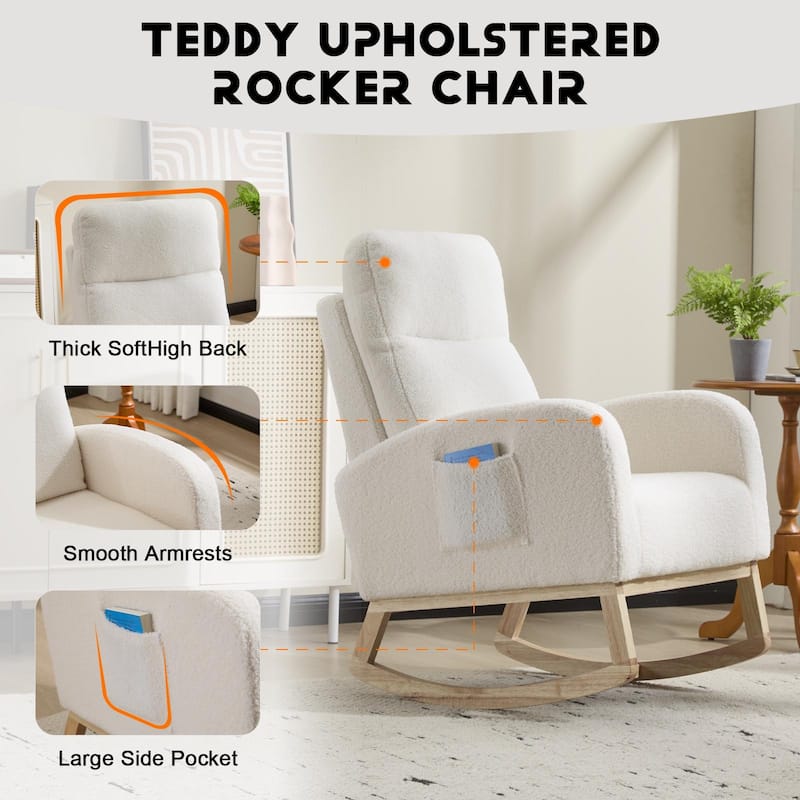 Solid Wood Modern Rocking Chair with High Back and Pocket - 29.5" D x 24.8" W x 40.9" H