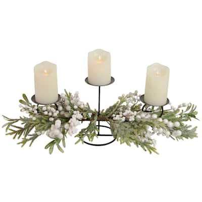 26" Triple Candle Holder with Frosted Foliage and Berries Christmas Decor