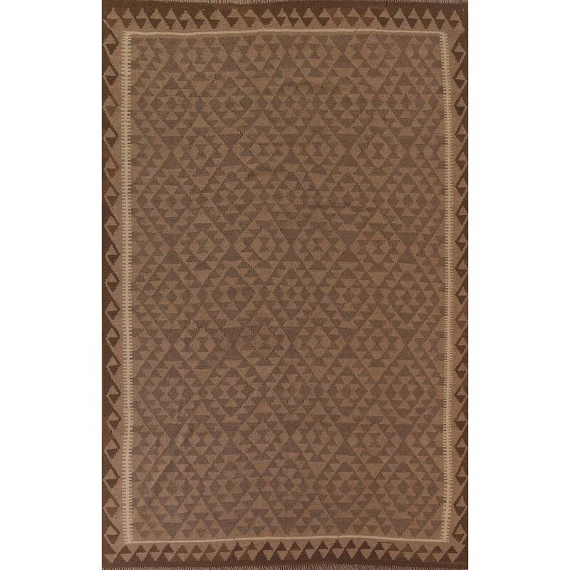 Hand Woven Oriental 100% Wool Carpet Southwestern Geometric Brown Kilim Area Rug - 9' 6'' X 6' 11''