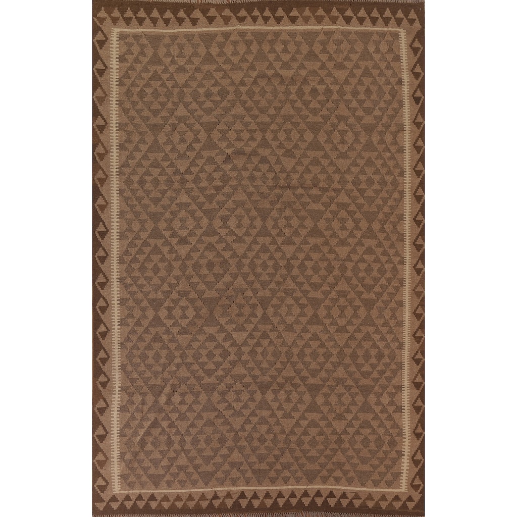 Hand Woven Oriental 100% Wool Carpet Southwestern Geometric Brown Kilim Area Rug - 9' 6'' X 6' 11''