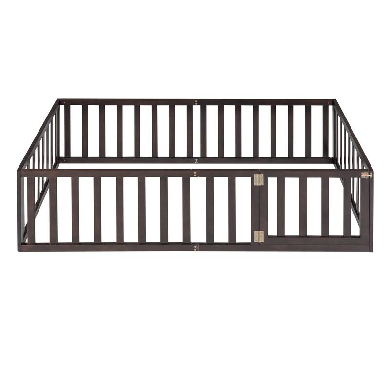 Versatile Wooden Floor Bed Frame without Slats, Solid Pinewood Kids Bed Frame with Fence and Door