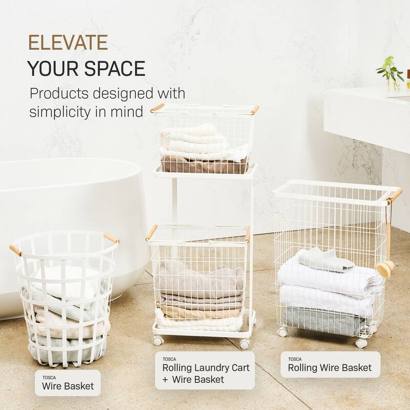 Yamazaki Home Rolling Wire Basket, Steel and Wood, 14.5 gallons, 55L, Holds 17.6 lbs - L 18.7 x W 11.02 x H 24.02 inches