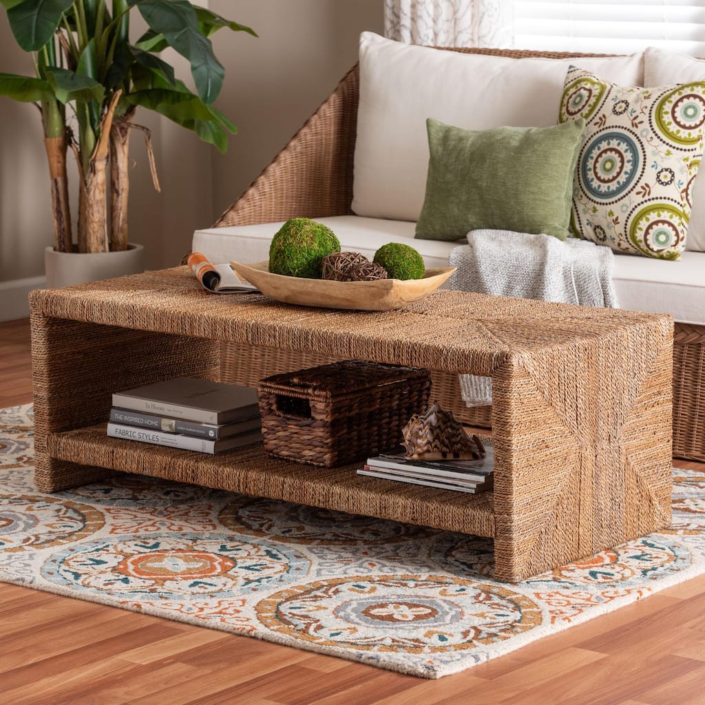 Liza Rectangle Seagrass Coffee Table - Handwoven Natural Fiber Frame with Open Shelf, Coastal Boho Furniture