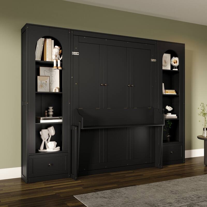 Queen Size Murphy Bed w/ Built-in Desk, 2 Arched Cabinets and 2 Drawers, Luxurious Folding Bed Frame w/ LED Light