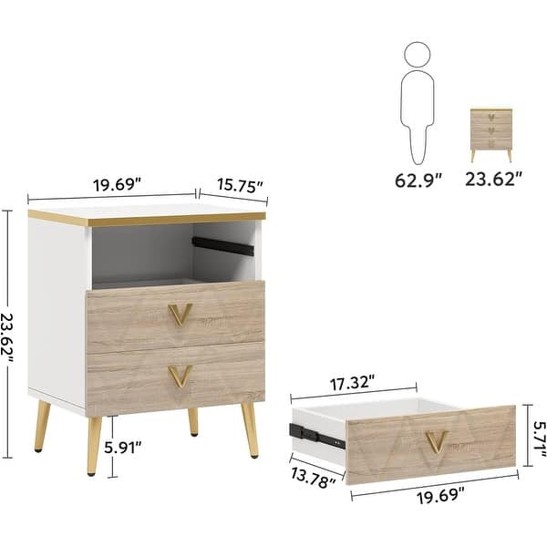 dimension image slide 1 of 3, 3-Drawer Nightstand, Luxury Bedside Table End Table with Storage Drawers and Golden Legs