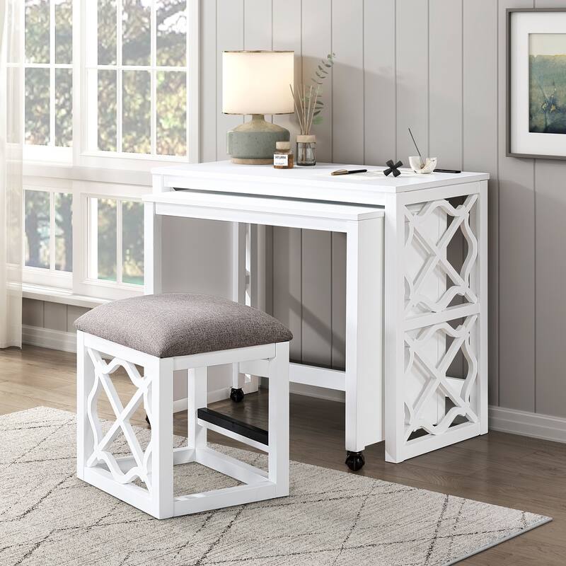 Desks and Stool Set 3pc Rolling Desk with Casters, 2 Charging ports Home Office Furniture - White