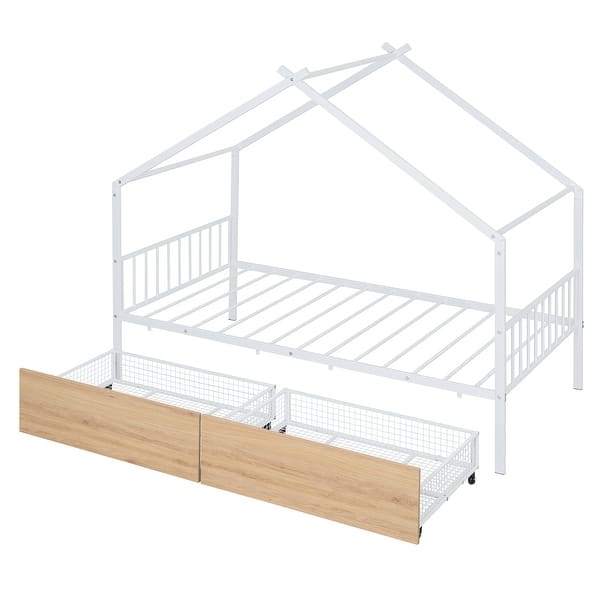 slide 2 of 13, Twin Size Metal House Bed with Two Drawers, White White - Twin