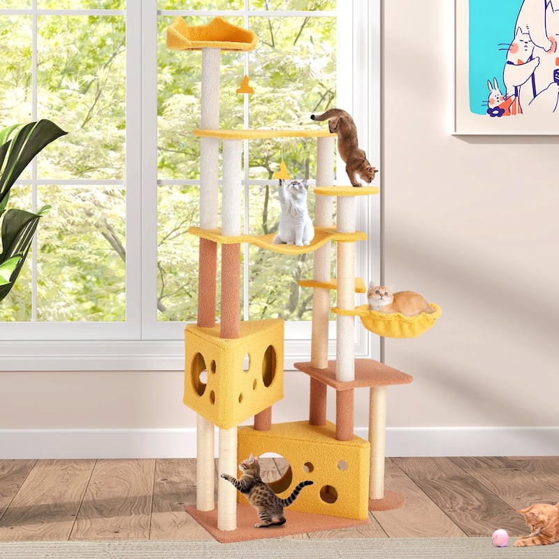 EROMMY Cheese-Shaped Multi-Level Cat Tree Tower with Hammock, Top Perch, and Sisal Scratching Posts
