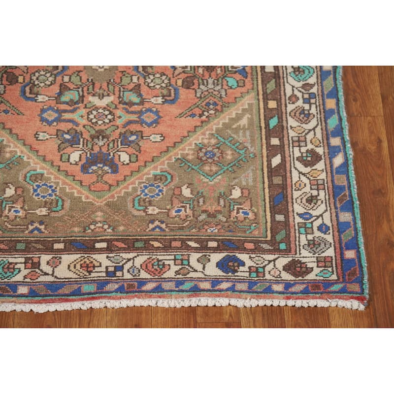 Hand Knotted Oriental 100% Wool Carpet Traditional Geometric Coral Hamedan Runner Rug - 10' 4'' X 3' 3''