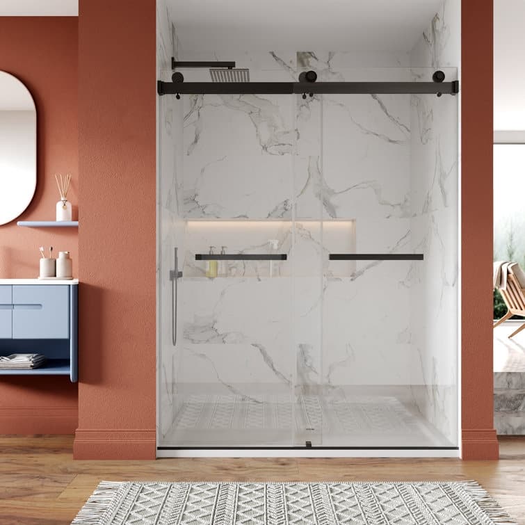 DeerValley 56" - 60" W x 76" H Double Sliding Frameless Shower Enclosure, Stainless Steel Accessories