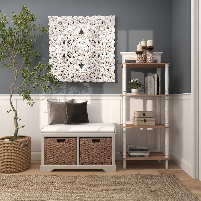 White Wooden Handmade Intricately Carved Floral Home Wall Decor with Mandala Design