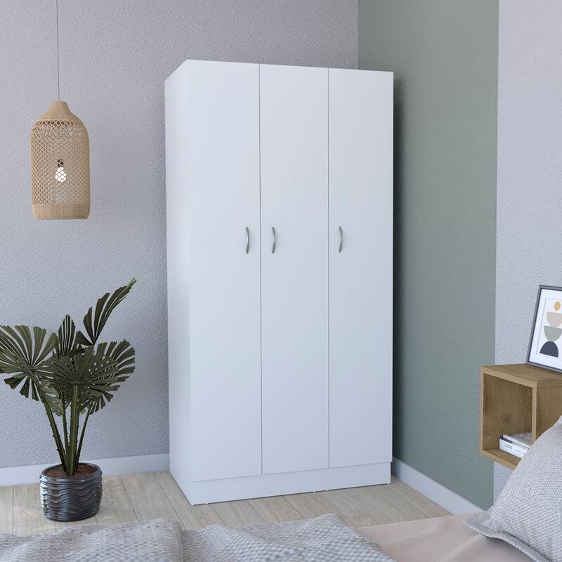 35.4" Modern Three-door Armoire with 2 Drawers and 4-Tier Shelves for Bedroom - White