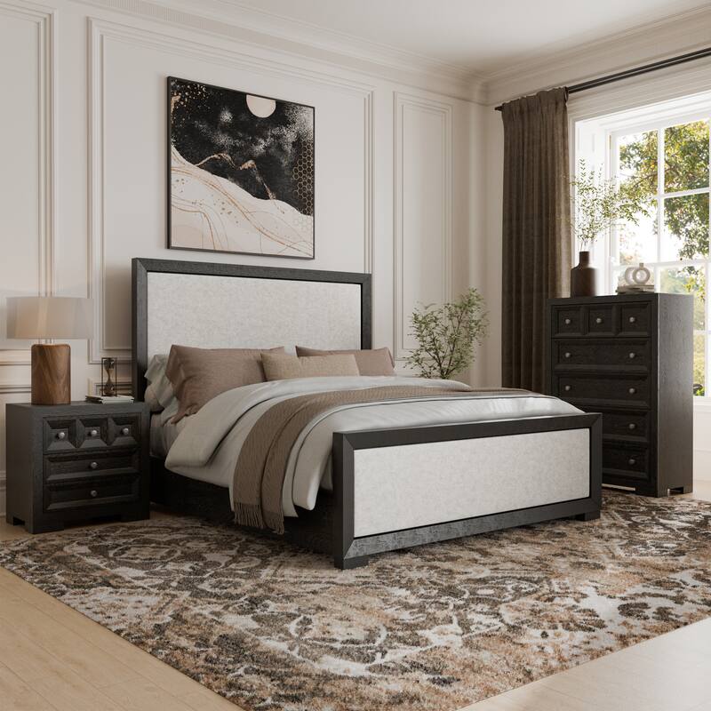 Furniture of America Durem II Modern 3-Piece Solid Wood Panel Bedroom Set with 3-Drawer Nightstand and Chest - Weathered Black - King