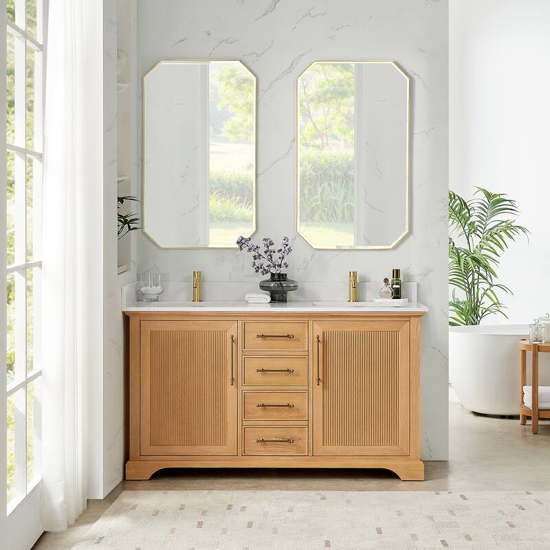 Tokyo Bath Vanity with Quartz Stone Top without Mirror - 60in. Double Sink - Oak Natural Brown