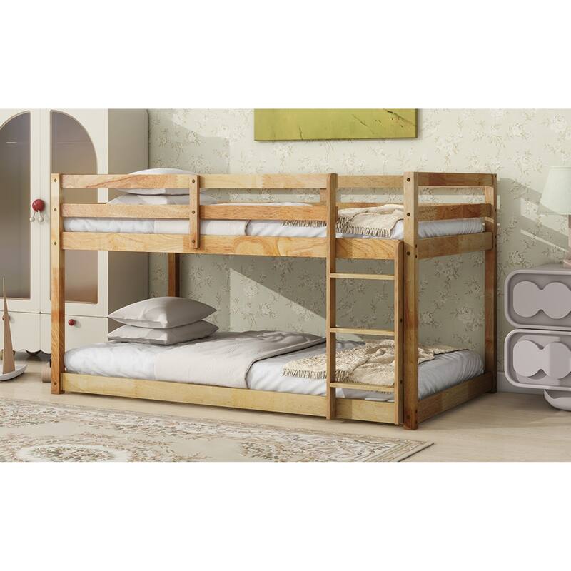 Roomfitters Solid Rubber Wood Twin over Twin Floor Bunk Bed with Ladder, Reinforced Slat Platforms, Low Height Design