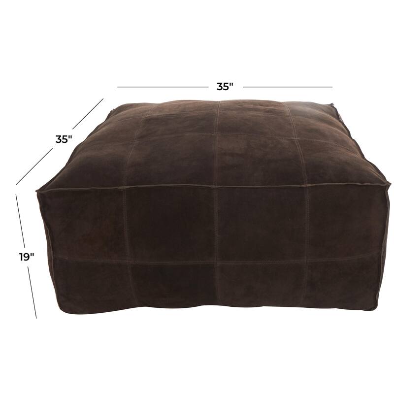 Leather Low Profile Square Pouf with Patchwork Design - Brown, Gray or Dark Brown- Roche River Decor