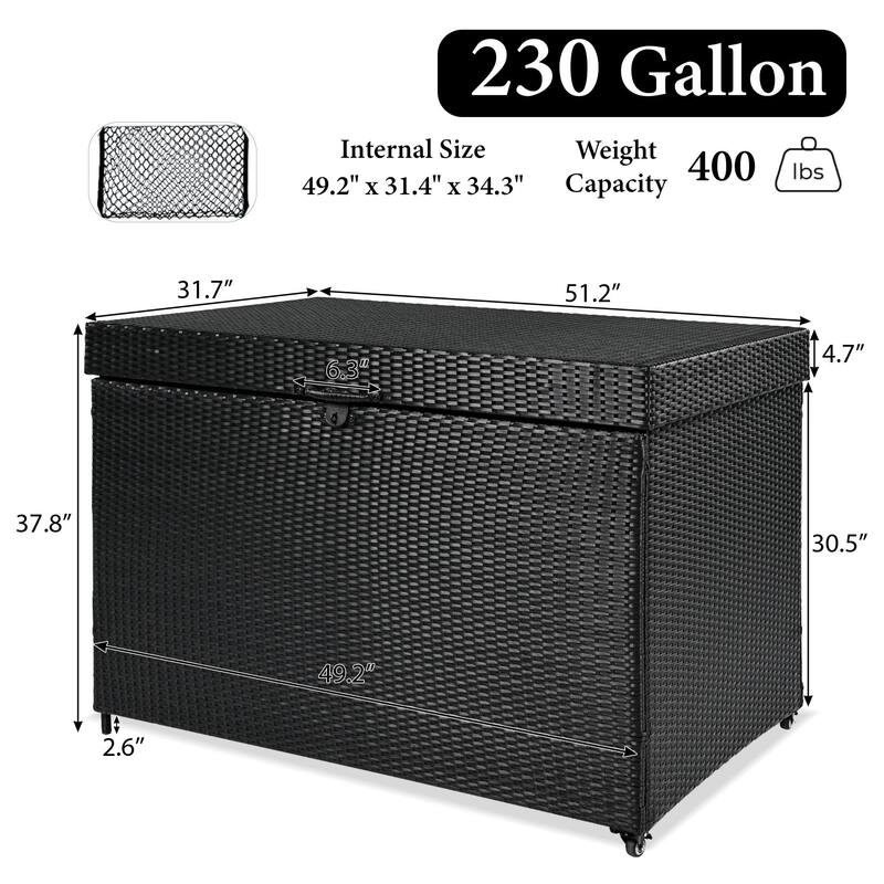 230 Gallon Wicker Deck Box with Wheels,All-Weather Outdoor Storage Box,Rattan Storage Bin - N/A