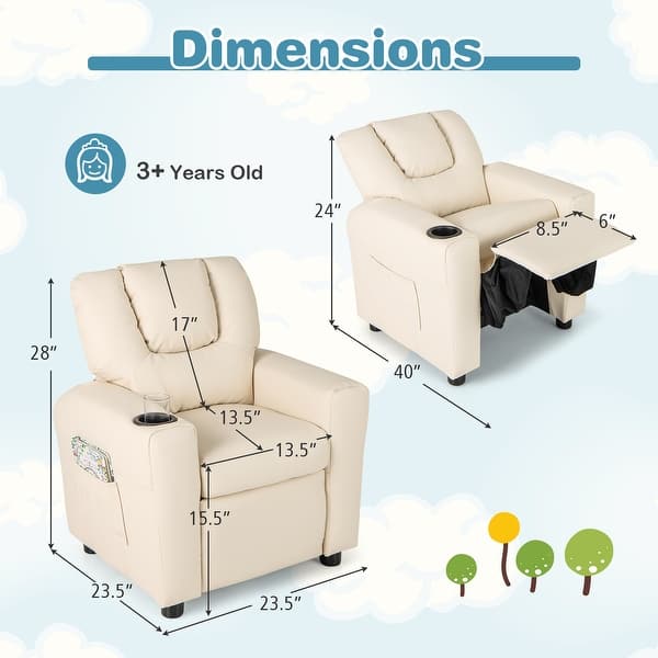 dimension image slide 5 of 7, PU Leather Kids Recliner Chair with Cup Holder and Pocket - 23.5" x 23.5" x 28"