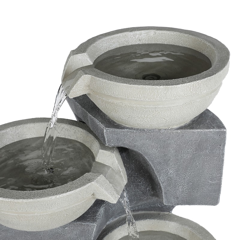 Five Bowl Grey Resin Cascading Outdoor Fountain with LED Lights, 35" High