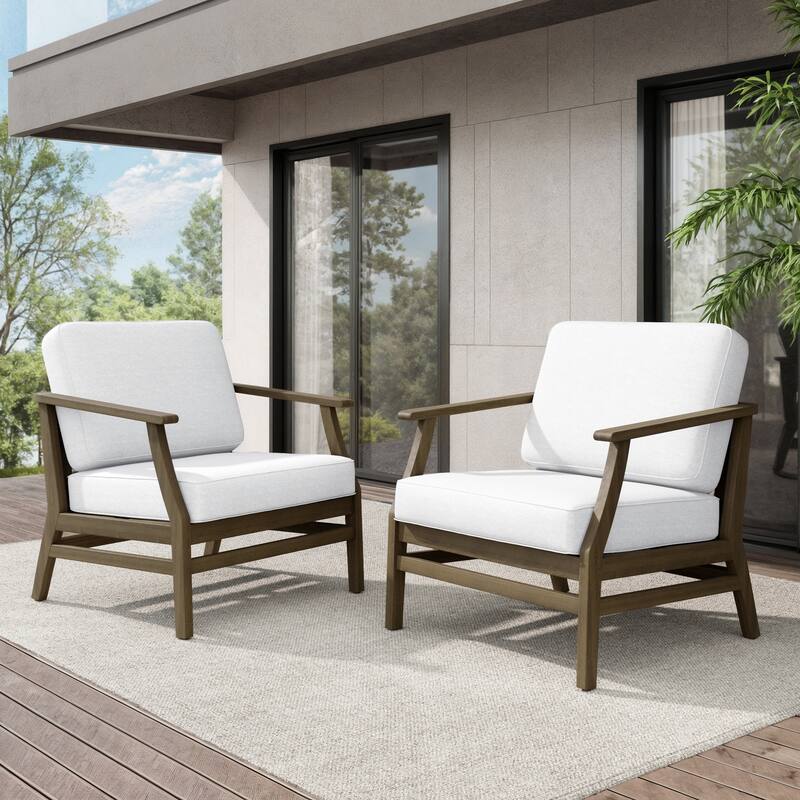 Teak Outdoor Patio Club Chairs Loveseat with Cushions - Natural Wood - 2 chairs/Beige