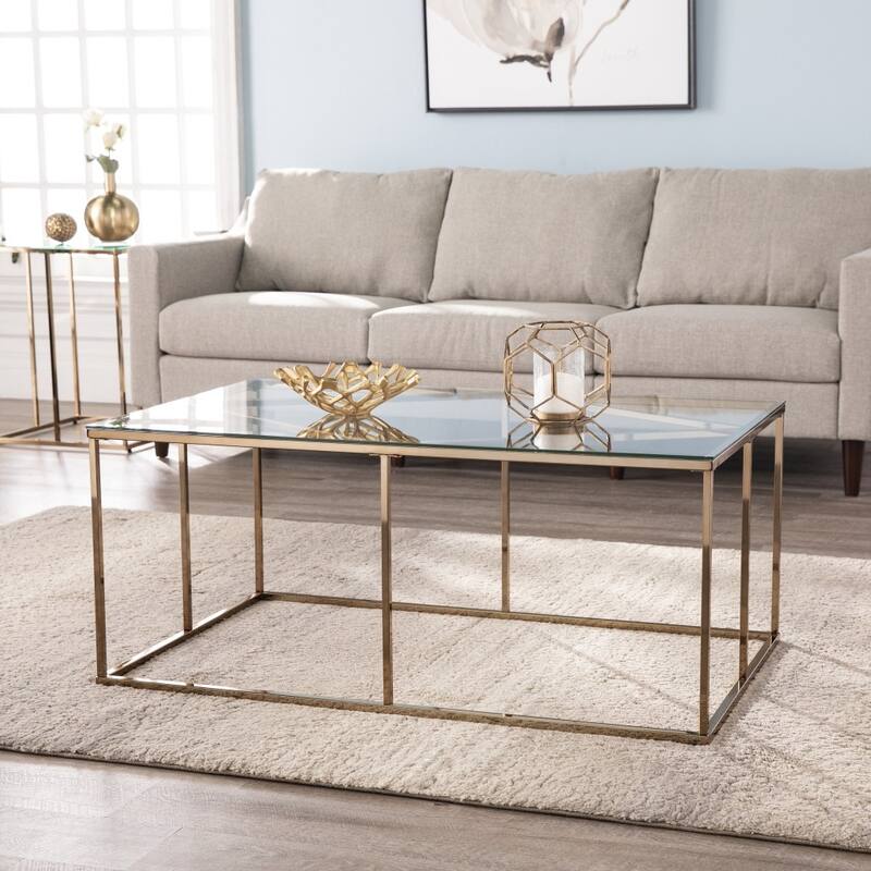 42" Modern Glass Coffee Table with Clear Top and Champagne Frame Rectangular Metal Base - 42”L x 24”W x 18”H