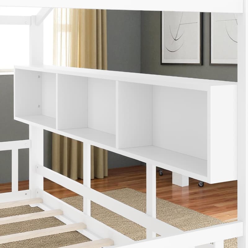 Twin/Full Montessori House Floor Bed with Roof, Storage Shelf, Low Profile Kids Bed, 6 in Mattress, 350/550 lb Capacity