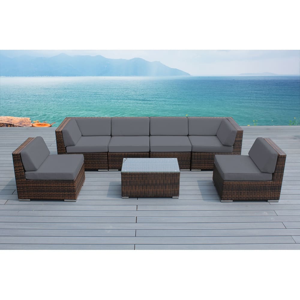 Ohana Outdoor Patio 7 Piece Mixed Brown Wicker Sectional with Cushions - No Assembly