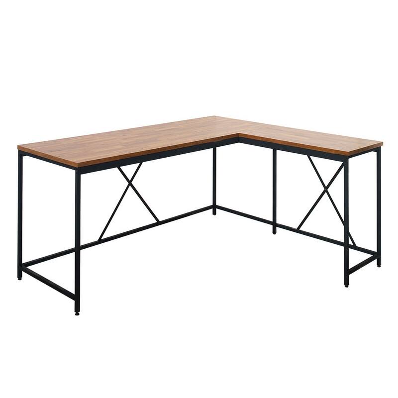 Posy Corner Desk, L Shaped Black Metal Frame, X Crossed, Oak Brown Wood Top