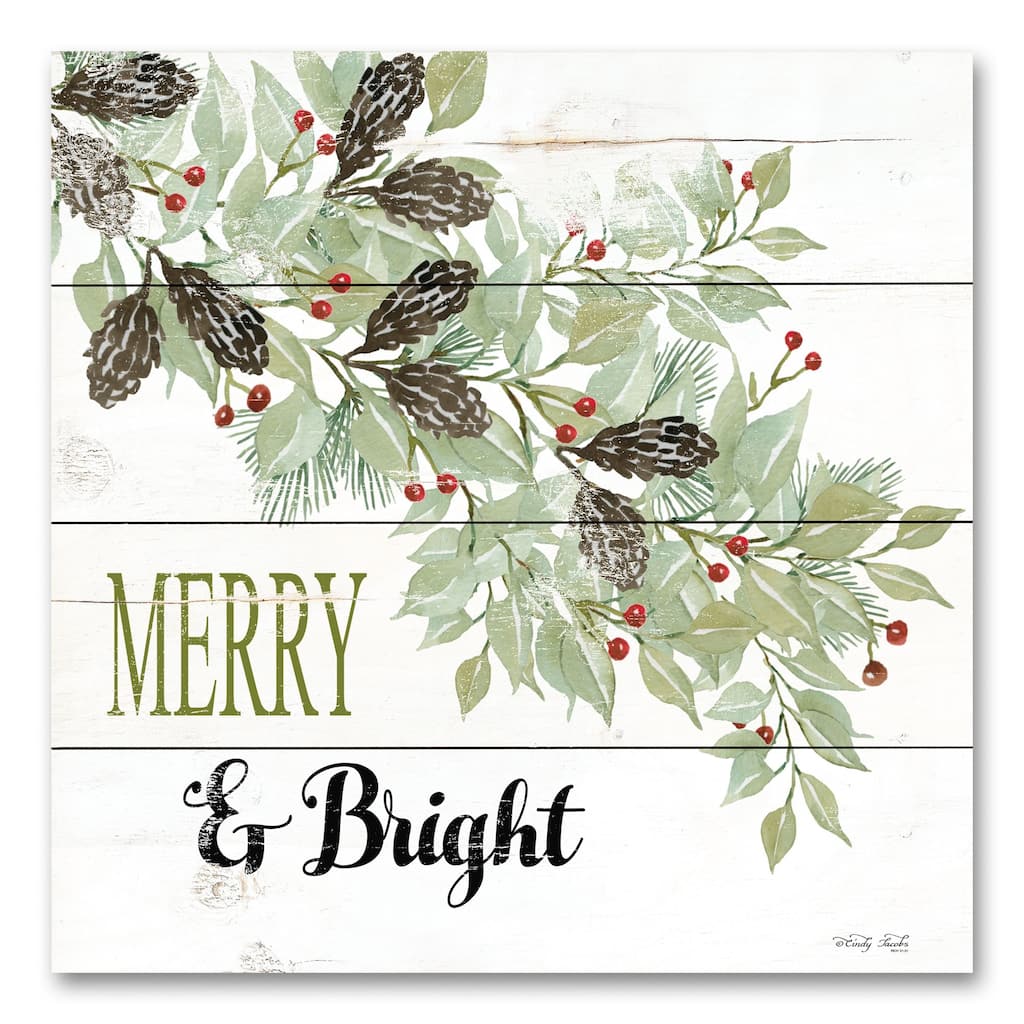 White Green Merry Bright Christmas Square Wall Art Decor 12" x 12"