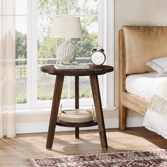 Solid Wood End Table, 2 Tiers Round Side Table, Farmhouse Nightstand