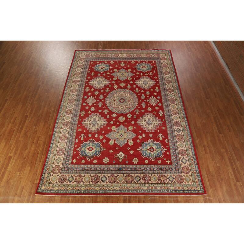 Hand Knotted Oriental 100% Wool Carpet Traditional Geometric Red Kazak Area Rug - 13' 11'' X 9' 6''