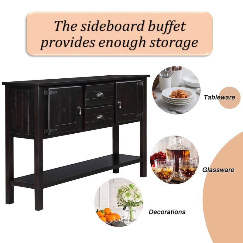 Solid Wood Sideboard Console Table Storage Cabinet with 2 Drawers and Iron Handles, Buffet Cabinet with Open Storage Shelf