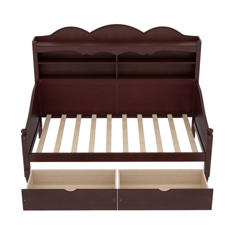 Twin Daybed with Storage Drawers and Headboard Shelving Wooden Frame