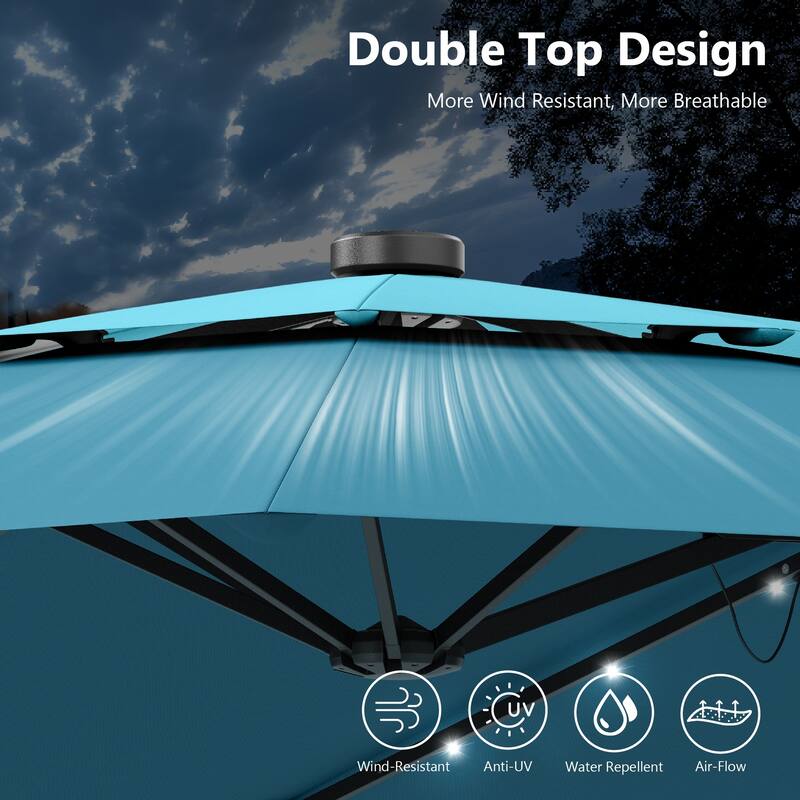 MAISON ARTS 15ft 2-Tier Large Patio Umbrella with Solar Lights, Double-Sided Outdoor Market Umbrellas with Base Included