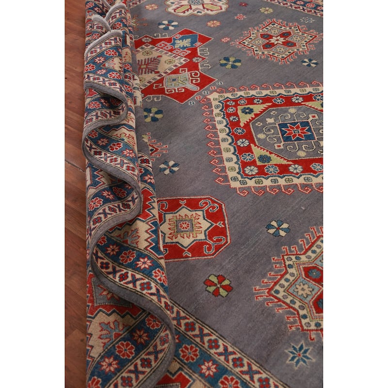 Hand Knotted Oriental 100% Wool Carpet Traditional Geometric Greys & Charcoal Kazak Area Rug - 13' 0'' X 9' 8''