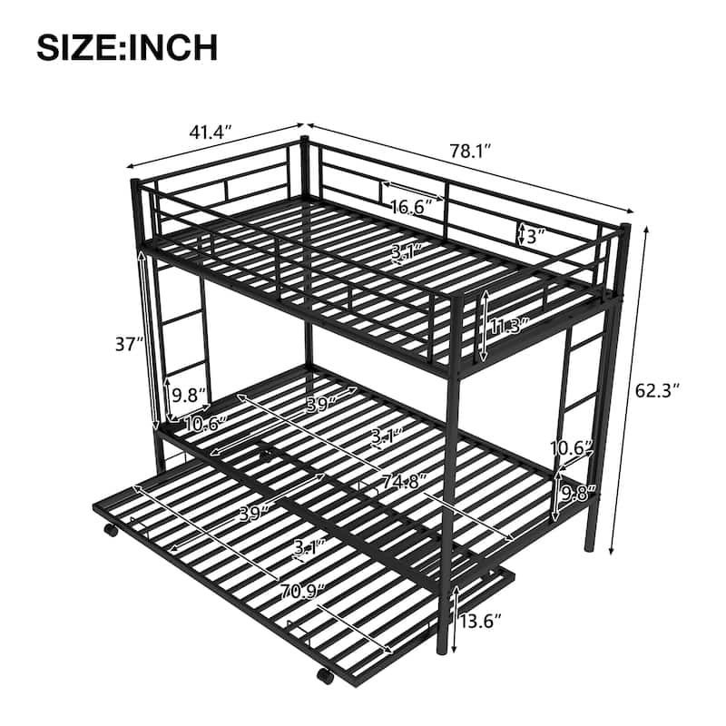 Twin over Twin Size Metal Bunk Bed with Trundle, Ladder and Fence for Bedroom