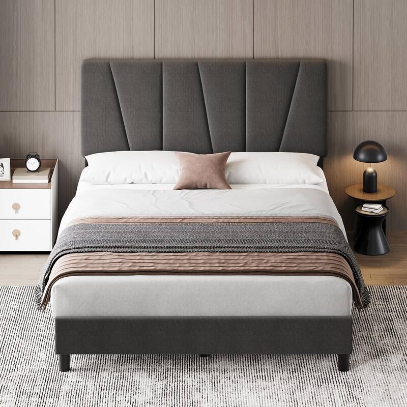Upholstered Platform Bed with Adjustable Headboard and Slat Support