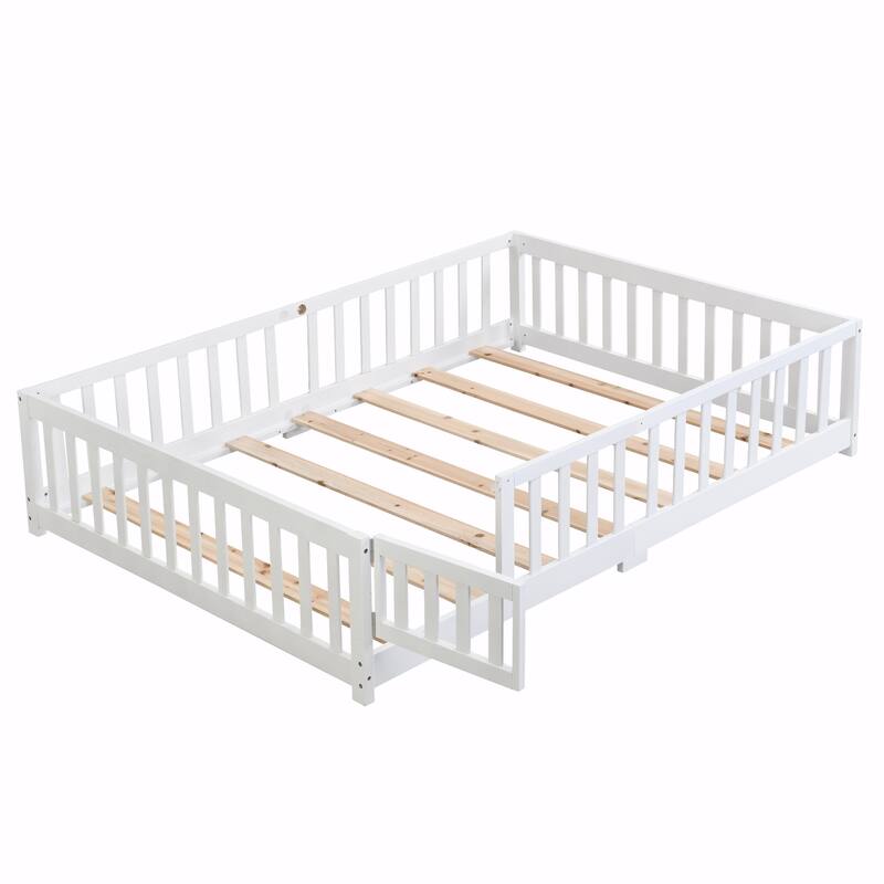 Solid Wood Platform Bed Frame with Floor Bed Design and Fence