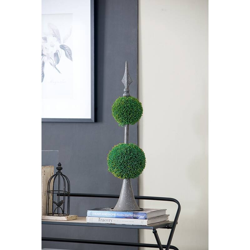 Artificial Two-Tiered Boxwood Sphere Topiary on Metal Spire