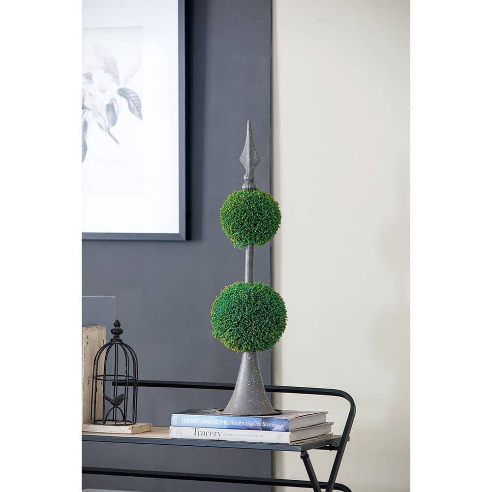 Artificial Two-Tiered Boxwood Sphere Topiary on Metal Spire